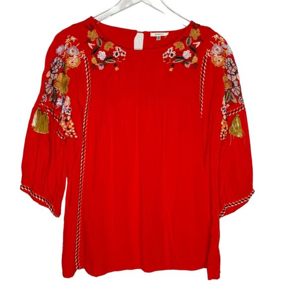 Jodifl S Womens Boho Floral Embroidered Red Top Round Neck 3/4 Sleeves - Picture 1 of 8